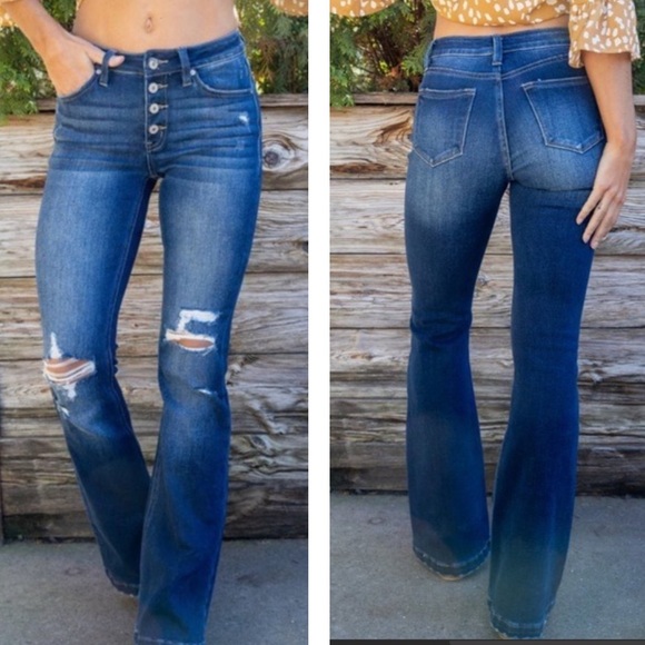 New KanCan Distressed Button Fly Flare Leg Jeans Dark Wash - Picture 3 of 5